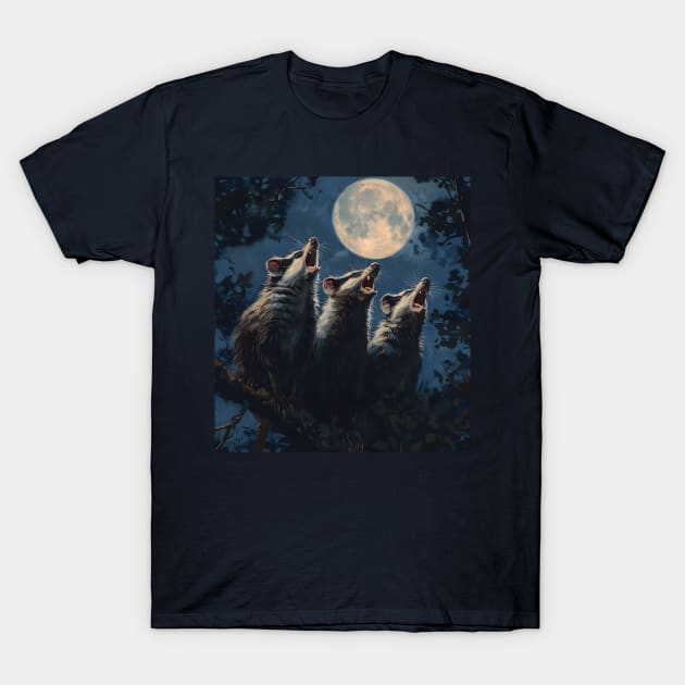 Funny Three Opposum Moon Howling At The Moon Pet Possum T-Shirt by RetroZin